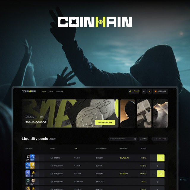 The Coinhain liquidity-pool dashboard over a dark concert crowd.