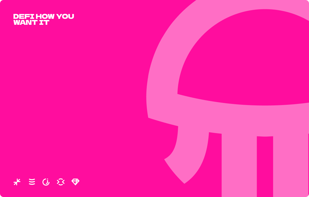 “defi how you want it” — the pink brand card with the jellyfish mark.