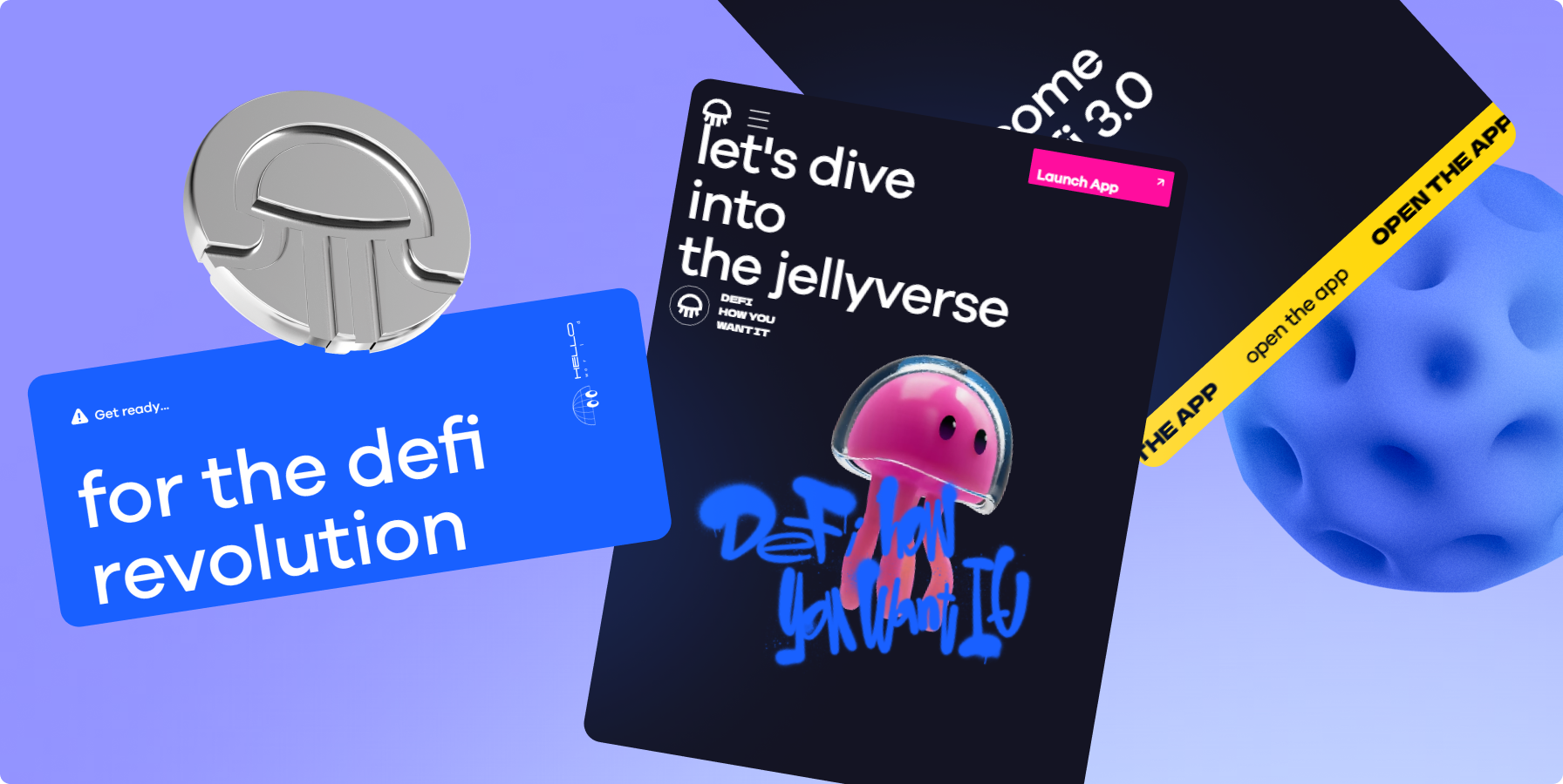 Version 3.0 launch artwork: the mascot diving into the Jellyverse, the “for the defi revolution” card.