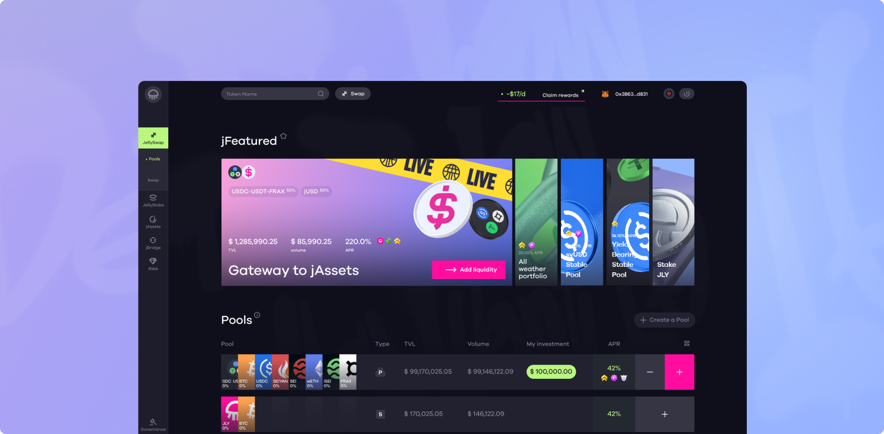 The Jellyverse trading interface — jFeatured pools and the pools table — on the brand's blue-to-violet field.