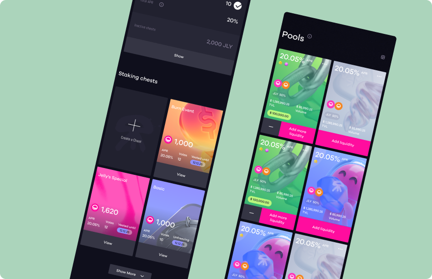 Three mobile screens of the Jellyverse app.